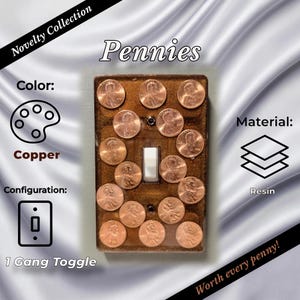 May include: A rectangular light switch cover plate featuring a single toggle configuration. The plate is embedded with numerous copper-colored pennies set in a clear resin material. The center includes a white toggle switch.