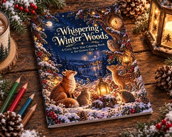 Puede incluir: Un libro para colorear titulado Whispering Winter Woods: A Cozy New Year Coloring Book for Grown-Ups, que presenta una escena de bosque nevado con un zorro, un conejo, un ciervo y un erizo iluminados por linternas bajo un cielo estrellado.