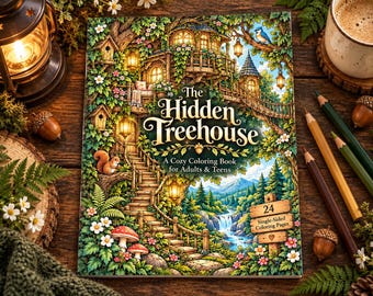 Puede incluir: Un libro para colorear titulado The Hidden Treehouse: A Cozy Coloring Book for Adults & Teens, con una ilustración de una casa en el árbol, una ardilla, setas y una cascada, con un cartel que indica 24 páginas de una sola cara.