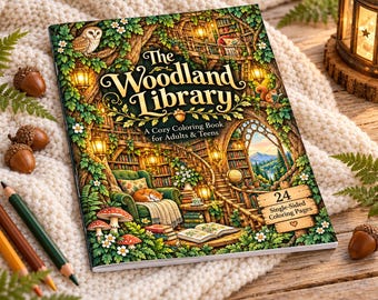 Puede incluir: Un libro para colorear titulado The Woodland Library, A Cozy Coloring Book for Adults & Teens, con una ilustración de una biblioteca en una casa del árbol con un sillón verde, estanterías, un búho y una ardilla, con 24 páginas.