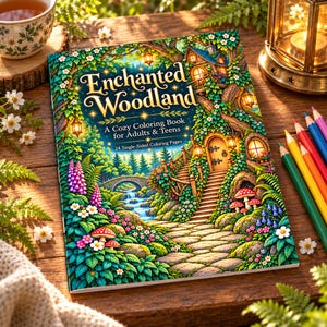 May include: A coloring book titled Enchanted Woodland A Cozy Coloring Book for Adults & Teens 24 Single-Sided Coloring Pages. The cover features a vibrant illustration of a stone path leading to a treehouse with flowers and mushrooms.