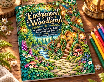 Puede incluir: Un libro para colorear titulado Enchanted Woodland A Cozy Coloring Book for Adults & Teens 24 Single-Sided Coloring Pages. La portada presenta una ilustración vibrante de un camino de piedra hacia una casa en el árbol.