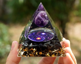 Galaxy Series Orgonite Amethyst Crystal Sphere & Obsidian Natural Cristal Stone Organite Energy Healing Reiki Chakra Meditation EMF Protect