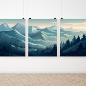 Blue Mountain Wall Art, 3 Piece Wall Art, Abstract Mountain Print Set, Landscape Print Set, Modern Home Decor, Digital, Printable Triptych