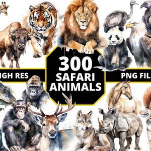 サファリ水彩クリップアート動物ベビーシャワー保育園アート壁装飾森林ジャングル動物バンドルデジタル動物園動物PNG + 無料ボーナス