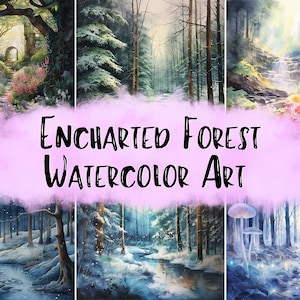 32 Enchanted Forest Background Clipart, PNG, Watercolor Woodland Background Clipart, Trees, Wall Art, Forest Scene, Magical Mystery Forest