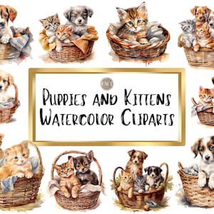 Cute Puppies And Kittens Watercolor Clipart Cute Puppy Stickers Nursery Wall Decor Clip Art PNG Format Instant Download For Commercial Use