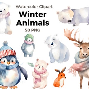 冬のワンダーランドの水彩画のかわいい動物のクリップアート - デジタルデザインプロジェクトのための北極のかわいい生き物のコレクション
