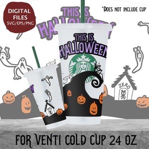 Può includere: Un design digitale per un bicchiere freddo da 24 once con un'illustrazione in bianco e nero di Jack Skellington di The Nightmare Before Christmas. Il design include il testo "This is Halloween" in viola e verde. Il design include anche un fantasma, una zucca e una lapide con il testo "Zero".
