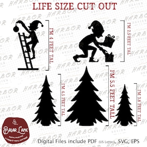Könnte beinhalten: Schwarze Silhouetten von Figuren zum Thema Weihnachten. Enthält einen Elf auf einer Leiter, einen Elf mit einem Geschenk und drei Weihnachtsbäume. Der größte Baum ist 168 cm hoch. Der Text lautet "Life Size Cut Out". Digitale Dateien enthalten PDF, SVG und EPS.