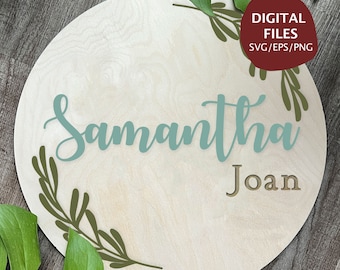 Round Floral SVG, Nursery Round Svg for Glowforge, Botanical Cut File, Nursery Sign Svg, Round Sign Design, Name Sign Svg