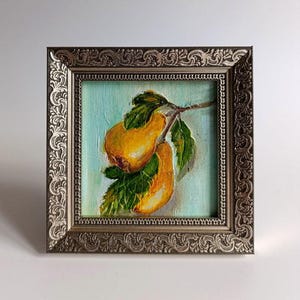 Pear small kitchen art Original oil painting in a frame Fruit still life Dining Room Decor Classic artwork Gift for wife Housewarming gift