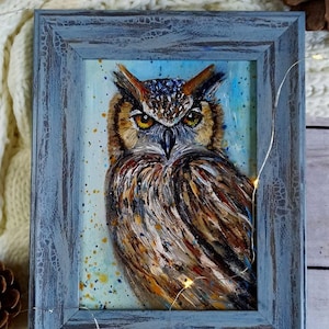 Pintura al óleo original, pintura al óleo enmarcada, arte mural de pájaros, arte mural de búhos, regalo personalizado de Navidad, regalo para Navidad, arte de búhos, arte de búhos enmarcado