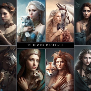 Puede incluir: Un collage de ocho imágenes que presentan mujeres con animales. Cada imagen presenta una mujer con un animal diferente, incluyendo un cuervo, un gato, un caballo, un zorro, un lobo, una rata y un lobo. Las imágenes tienen todas un estilo similar, con una estética suave y de ensueño.