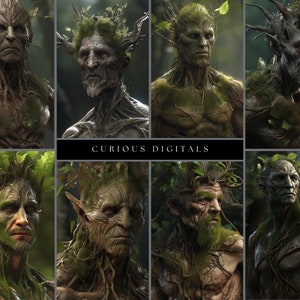 May include: A collage of eight images featuring digital art of humanoid figures with tree bark, branches, leaves, and moss covering their bodies. The figures have human-like features, including faces, arms, and torsos. The images are arranged in a grid pattern, with the text "CURIOUS DIGITALS" appearing in the center.