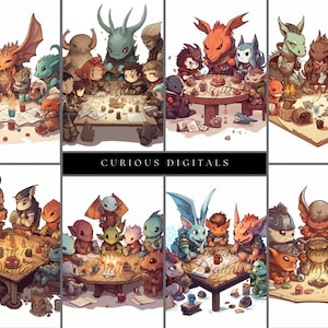 Fantasy Chibi Creatures Playing D&D as a Group - Adventurers - Dungeon&#39;s and Dragons - Clip Art - Digital Art Download - AI generated