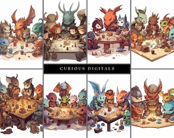 Fantasy Chibi Creatures Playing D&D as a Group - Abenteurer - Dungeon's and Dragons - Clip Art - Digitaler Kunst Download - AI generiert