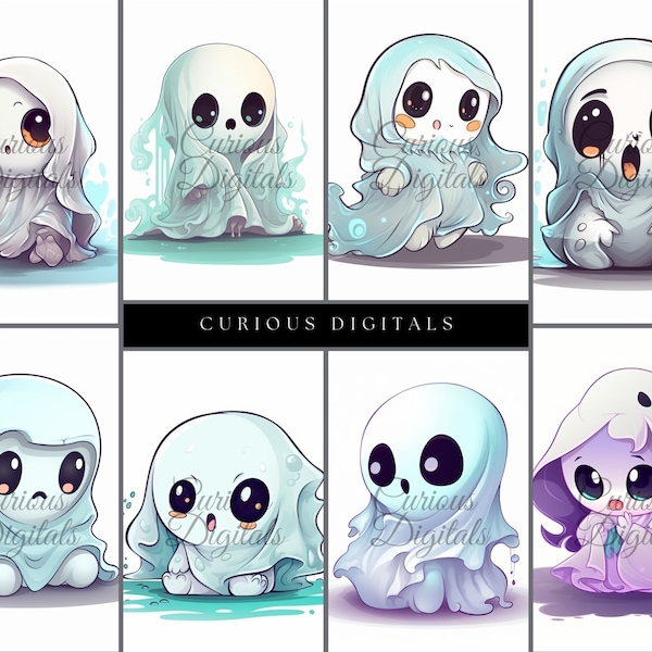 Cute Chibi Ghosts - Gothic Art - Halloween Spooks - Clip Art - Digital Art Download - Stock Photo - PNG - Commercial Use - AI generated