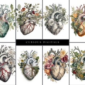 May include: Eight digital illustrations of anatomical hearts surrounded by various flowers and foliage. The hearts are in different colors and styles, including green, red, and gray.