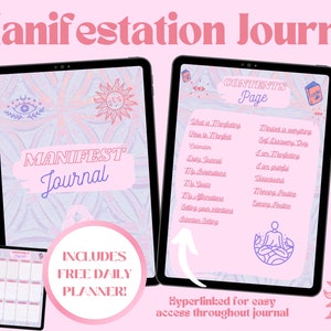 Op de afbeelding: Een digitale planner met een roze en paarse achtergrond met een zon- en oogontwerp. De tekst "Manifest Journal" is geschreven in roze en paarse letters. De planner bevat een gratis dagelijkse planner en is hyperlinked voor gemakkelijke toegang in de hele planner.