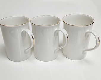 Fine Bone China White Gold Trim Band coffee Cup Mugs set of 3