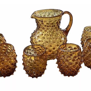 Hobnail Amber Glass Pitcher And 6 Glasses