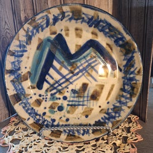 Abstract Blue Beige Pottery Pie Plate: Polished Stoneware Dish