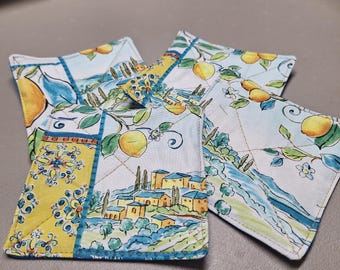Set of 4 Handmade Lemon Blue Floral Coasters / Mug Rugs