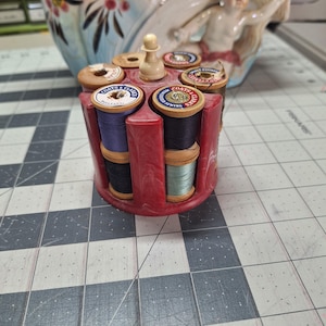 Vintage Spool Thread Holder Caddy With 12 Vintage Wood Spools of Thread