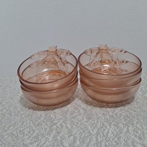 Collectible lot of 6 Vintage KIG Indonesia Pink Glass Leaf Handle Bowls