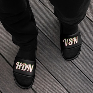 HDN VSN Men&#39;s Slides | Stylish Black Slip-On Sandals with Bold Graphics