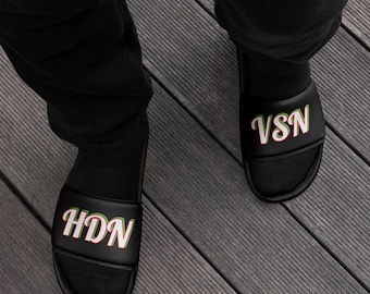 HDN VSN Men's Slides | Stylish Black Slip-On Sandals with Bold Graphics