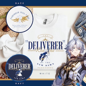 Könnte beinhalten: Weißes Sweatshirt mit dem Text "DELIVERER" in Blau und Gold. Das Design enthält eine Illustration und die Worte "OF THE NEW DAWN". Eine marineblaue Version ist ebenfalls abgebildet. Die Rückseite zeigt ein kreisförmiges Design mit Text.