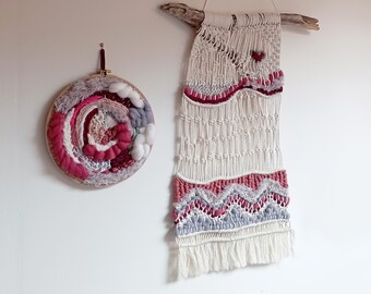 Conjunto de 2 tapices de pared en macramé tejido y tejido circular a juego, decoración artesanal de arte sostenible, tejido de pared colgante