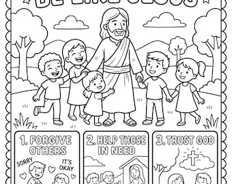 Könnte beinhalten: Eine schwarz-weiße Malvorlage mit dem Titel 3 WAYS TO BE LIKE JESUS. Die Hauptillustration zeigt eine zentrale Figur mit Kindern in einer Landschaft. Drei Felder darunter zeigen: 1. FORGIVE OTHERS, 2. HELP THOSE IN NEED und 3. TRUST GOD mit Text.