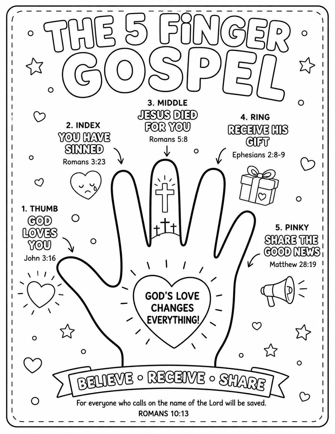 5 Finger Gospel Coloring Page Printable | Christian Kids Activity Sheet ...