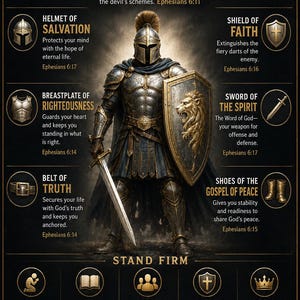 May include: An Armor of God cheat sheet poster featuring a central armored warrior with a sword and lion shield. The text includes Helmet of Salvation, Breastplate of Righteousness, Belt of Truth, Shield of Faith, Sword of the Spirit, and Shoes of the Gospel of Peace.