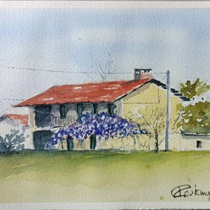 Casa di campagna con glicine, arte murale pittura ad acquerello di arte italiana.