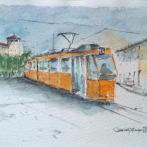 Tram a Torino, vecchio tram in piazza Castello a Torino, arte murale pittura ad acquerello di arte italiana.