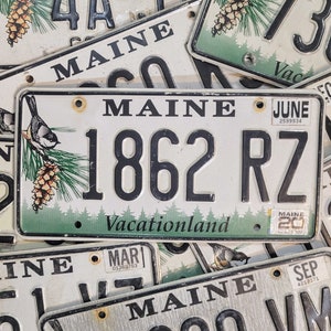 Può includere: Primo piano di una targa bianca con testo nero che recita "MAINE 1862 RZ Vacationland". La targa ha uno sfondo verde con un piccolo pino e un uccello sul lato sinistro. La targa ha anche un piccolo adesivo sul lato destro che recita "MAINE 20".