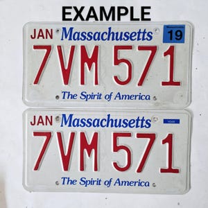 MASSACHUSETTS License Plate Pair - Free Shipping in USA - 1 Matching Set w/Random Letters and Numbers - Photos are examples