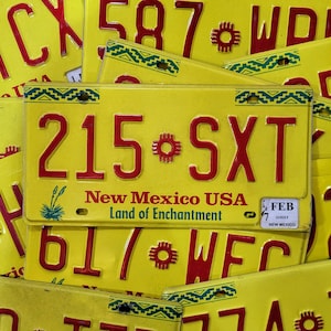 Puede incluir: Una placa de matrícula amarilla con letras rojas y un diseño verde y amarillo. La placa dice "215 SXT" y "New Mexico USA Land of Enchantment". La placa también tiene una pequeña pegatina que dice "FEB 2155XT NEW MEXICO".