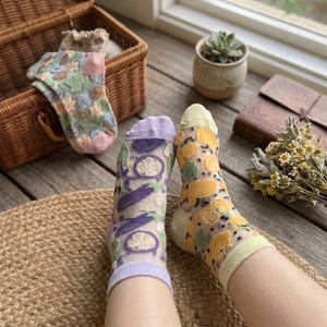 May include: Sheer socks with embroidered fruit and vegetable designs. One sock features purple eggplant and white radish, while the other has yellow lemons and green leaves. The socks are on a woven mat, with a basket and plant in the background.