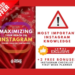 Op de afbeelding: Een rode en witte grafiek met de tekst "Beperkt aanbod" in een rode banner. De grafiek bevat ook de tekst "Maximale zichtbaarheid op Instagram" met een rood en geel Instagram-logo. De tekst "Tips en tools voor uw succes" staat onder het Instagram-logo. De grafiek bevat ook een rode driehoek met een uitroepteken erin. De tekst "Belangrijkste Instagram-kennis" staat onder de driehoek. De tekst "★★★★★ Exclusief" staat onder de tekst "Belangrijkste Instagram-kennis". De tekst "+2 gratis bonussen Instagram-checklist Eerste week planner" staat onder de tekst "★★★★★ Exclusief".