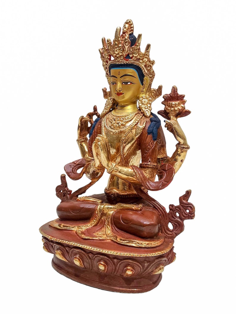 9 inch, Chenrezig, Buddhist Handmade Statue, Partly Gold Plated And Face Painted image 3