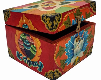 12x15x15 cm, Tibetan Ritual Wooden Box With Flower, Painted, Red