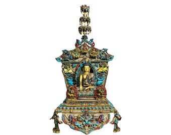 28 inch, Buddhist Statue Of Shakyamuni Buddha Sitting On A Throne, Full Electro Plated, Stone Setting