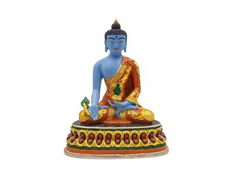 4 inch, Medicine Buddha, Buddhist Miniature Statue, High Quality, Partly Gold Plated, Traditional Color Finishing, High Quality