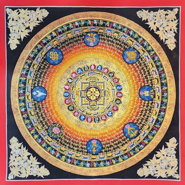 21 inch, Mantra Mandala Thangka With Double Dorje At Center, Buddhist Traditional Painting, Hand Painted