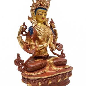 9 inch, Chenrezig, Buddhist Handmade Statue, Partly Gold Plated And Face Painted image 2